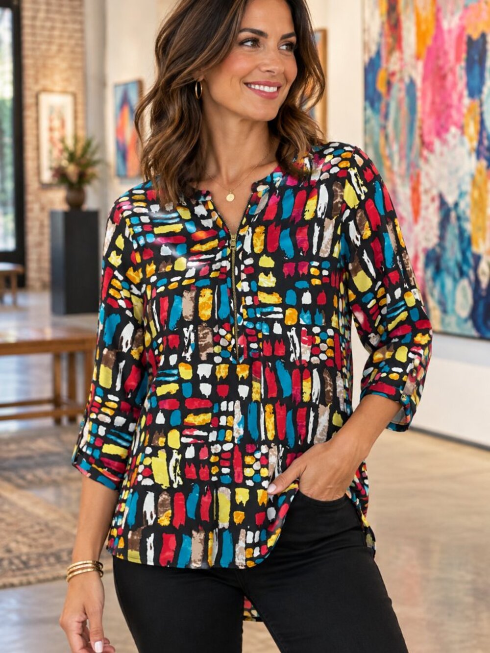 Antilia Femme Multicolor Abstract Print Zip Front Tunic Blouse Medium